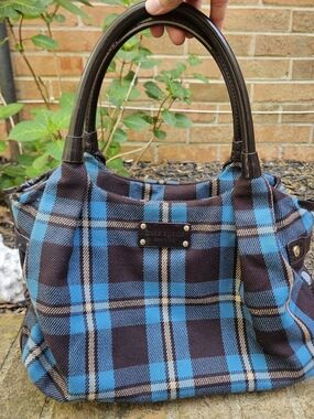 Kate Spade Stevie Charlton Street Teal & Brown Plaid Satchel Tote Shoulder Purse